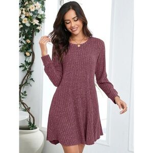 Jodifl Maroon Ribbed Long Sleeve Swing Dress